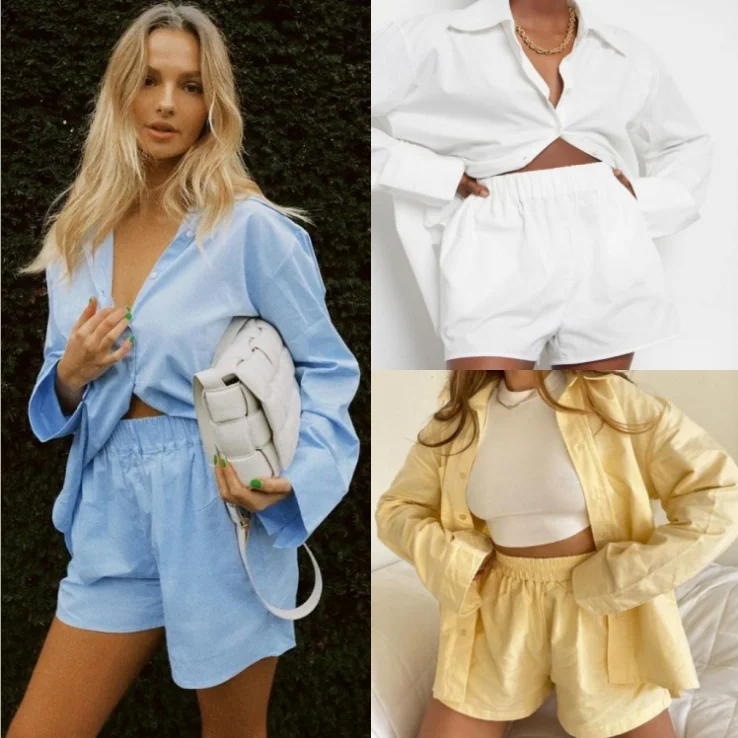 

2021 Hot Sell Women Short And Shirt Set Solid Color Long Sleeve Shirt Short Pants Set 2 Piece Set