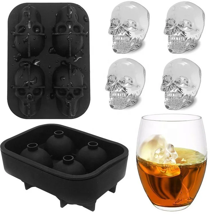 

4 Cavities Black Skeleton Ice Ball Maker Moulds Flexible 3D Silicone Ice Cube Tray