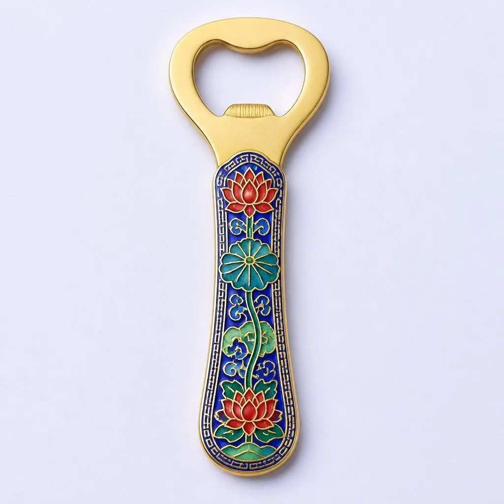 Cloisonne lotus bottle opener on deep blue