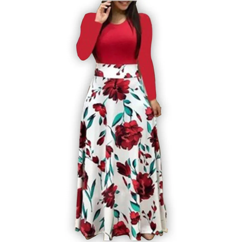 

Women Long Sleeve Plus Size Dress Flower Print Loose Elegant Casual Dresses, As picture