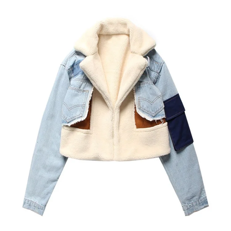 

2021 Winter Shein Casual Fleece Streetwear Cotton Patchwork Faux Fur Thick Blue Denim Outdoor Women Jeans Coat Jacket, Picture