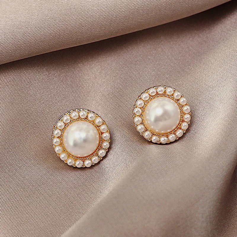 

Trendy round pearl earrings simple metal earrings personality women stud, As pic