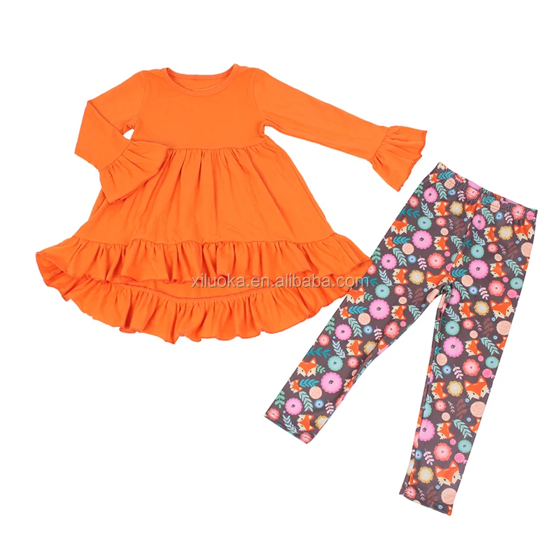 

High Quality Boutique Hot Sale Long Sleeves Tops Ruffled Orange Pants Girls Suit Clothes, Picture