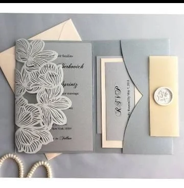 

Hot Sell Laser Cut Pearl Wedding Invitation Pocket card trifold Cards Greeting Gift Pocketfold invite cover for party