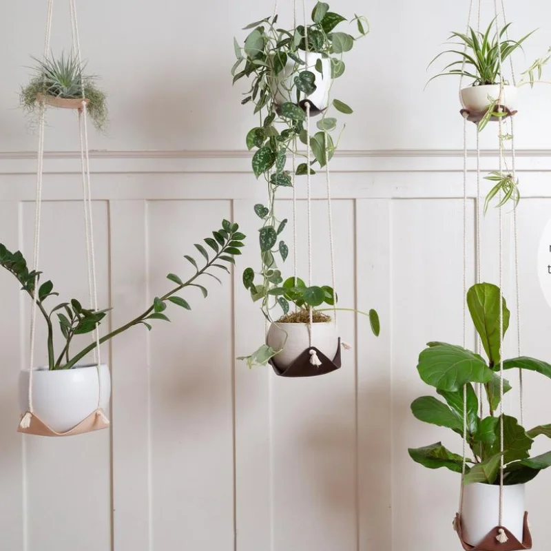 

Modern Hanging Planter Leather Plant Hanger Indoor Rustic Plant Hangers, Grey, pink, green