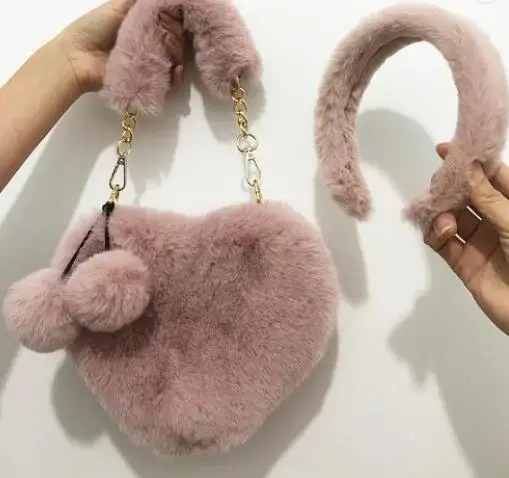 

2021 Winter hot selling new fashion ladies faux fur heart shaped women purses handbags with fur headbands, 16 colors