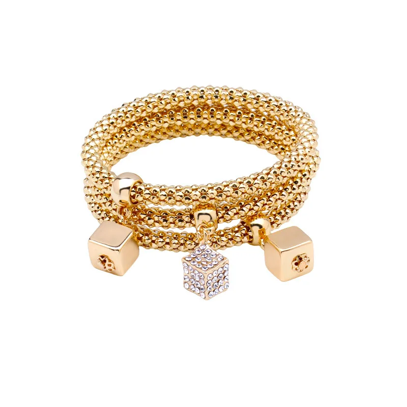 

Hesiod Fashion Alloy Gold Plated Crystal Magic Cube Pendant Corn Elastic Bracelet