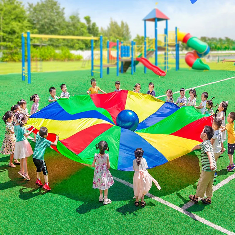 

Hot sale umbrella rainbow parachute toy tent game kindergarten children outdoor playground Rainbow Play Parachute, Colorful