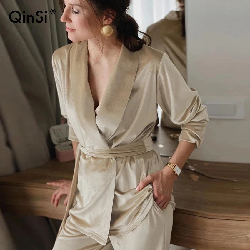 

QINSI Sleepwear Nightwear Sexy V Neck Robe Velvet Silk Casual Velvet Women Nightclothes Lingerie Pyjamas Suit Nightgown