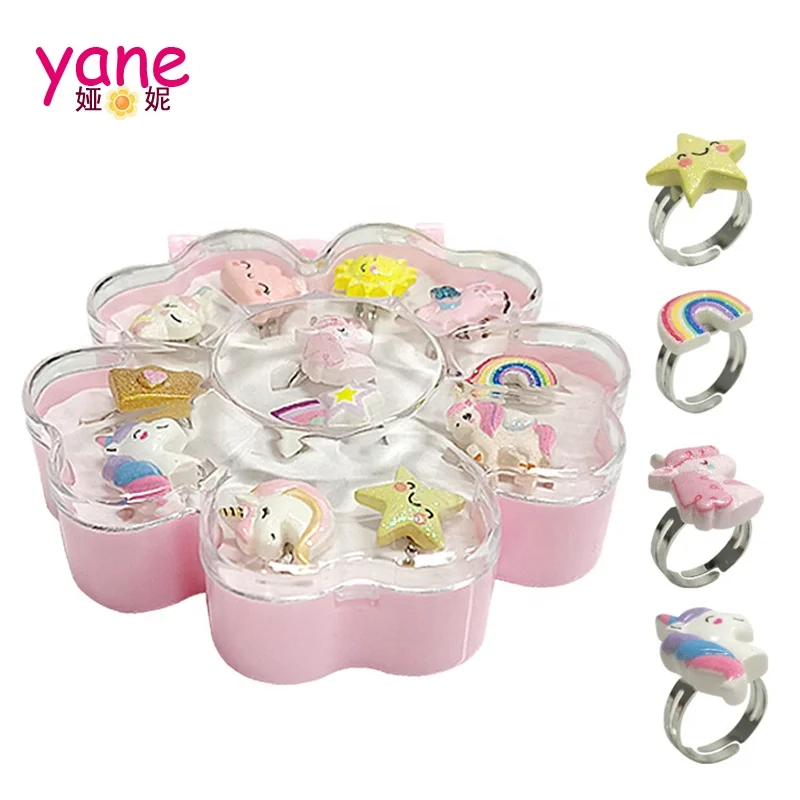 

Hot-selling metal finger ring for kids about unicorn decoration rings set with box packing can be as gift