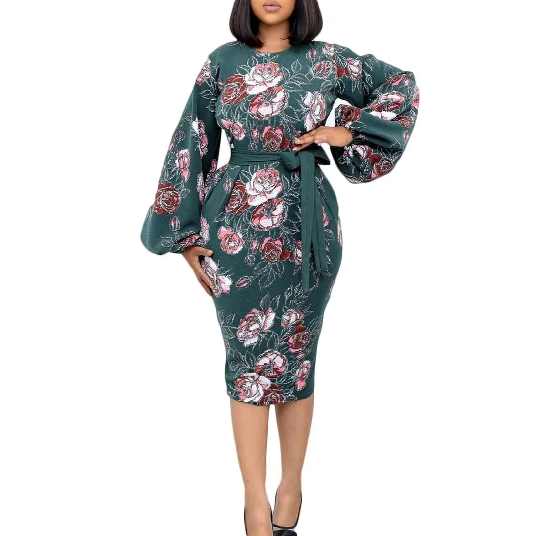 

Wholesale 2021 Fall Fashion Sexy Ladies Floral Print Lantern Long Sleeve Midi Formal Dresses Women