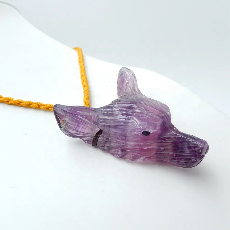 

Handmade Natural Crystal Rainbow Fluorite Carved Wolf Head Animal Pendant With Yellow Thread Necklace, 54x41x19mm, 43.8g