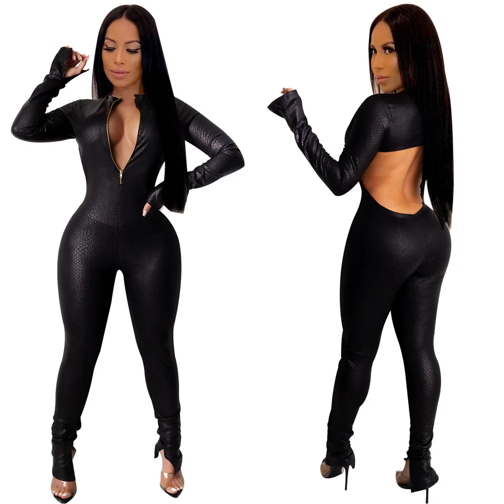 

Winter sexy Nightclub Backless Zipper long sleeve bodysuit Split jumpsuits women 2020, Black