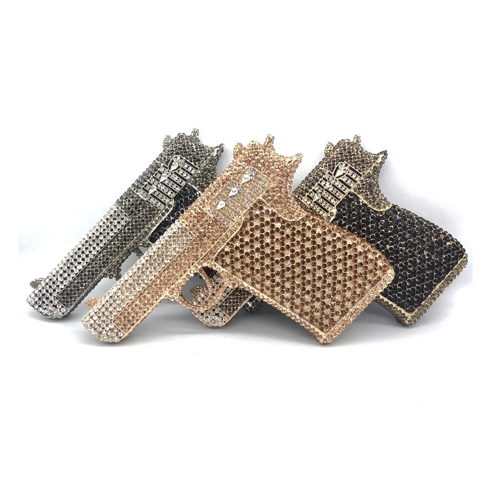 

2021 diamond clutch rhinestone bag wedding party evening crystal purses handbag bling gun shape purse, Silver,light gold,dark gold,rose gold,brown,black