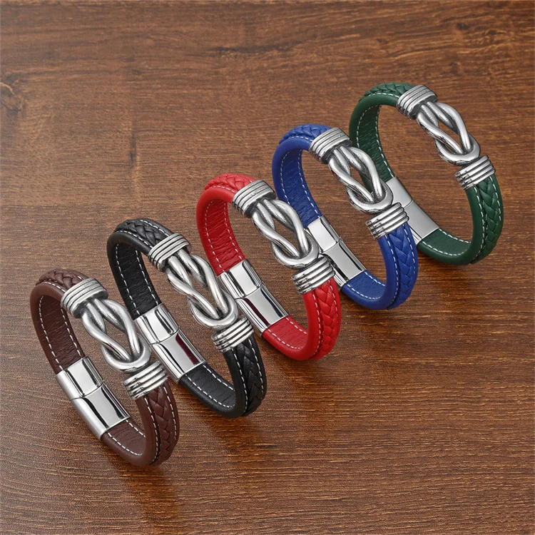 

Punk Style Jewelry Stainless Steel Clasp Men Bracelets Custom Color Leather Braided Twisted Stainless Steel Leather Bracelet