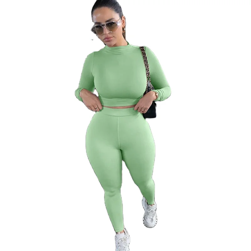 

Summer women clothes 2021 Tracksuit women turtleneck full crop top leggings two piece set sporty fitness casual outfits, Picture shows