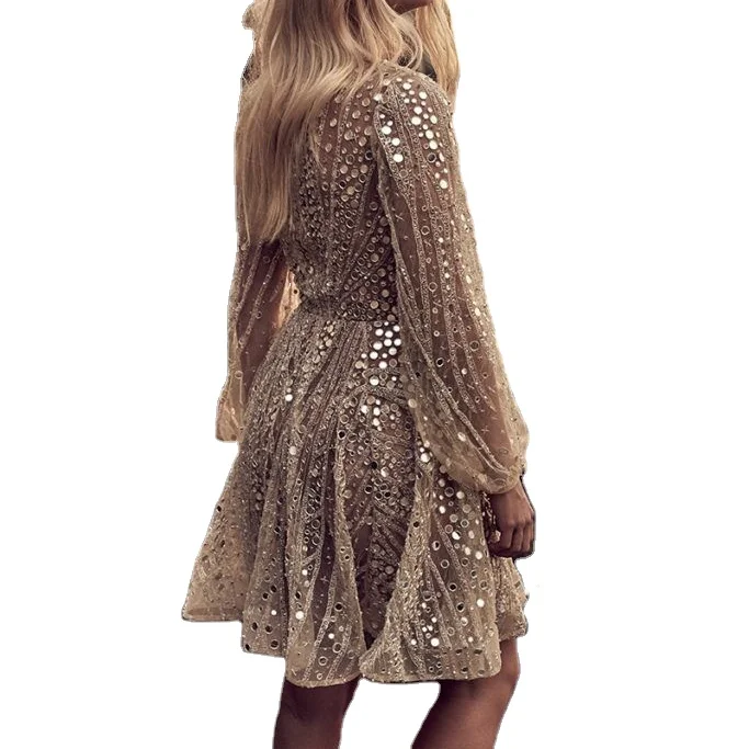 

New Arrival Deep V-neck Long Sleeve Sequins Korean Dress For Women Evening Dresses Sexy Puff Sleeve Small Dress