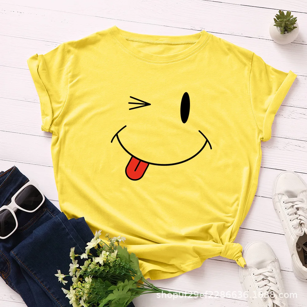 

short sleeve cotton t-shirt blouse new fashion new cartoon smiley face print women's loose round neck t-shirt, Picture