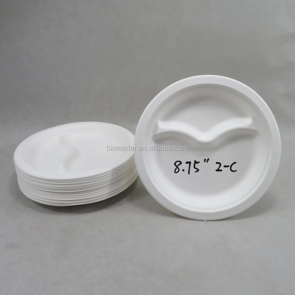 

Microwave 2-Compartment Disposable Bagasse Paper Plate Eco-Friendly Made of Sugar Cane Fibers, White color