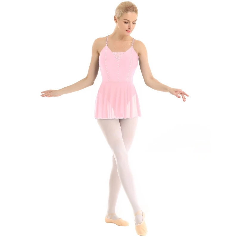 

iEFiEL Women Adult Shiny Rhinestones Lace Back Spaghetti Shoulder Straps Ballet Dance leotard Dress Dance Costume