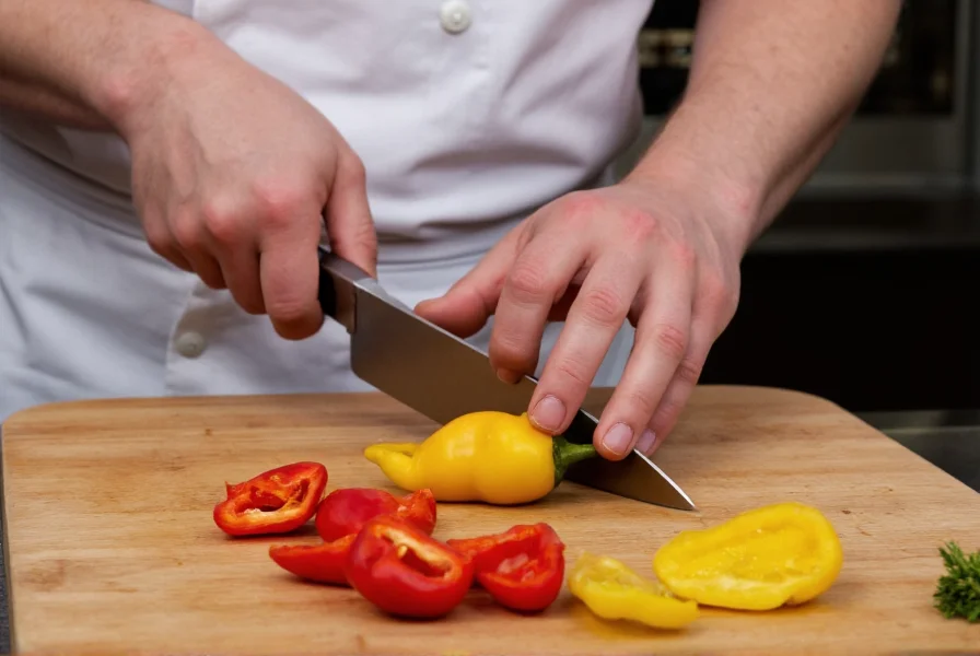 Chef preparing various peppers with proper cutting techniques and safety precautions