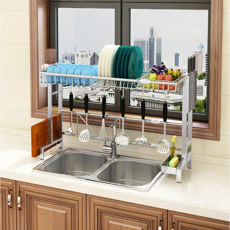 

Shenzhen folding extendable 1 tier 2 tier 304 stainless steel kitchen extend 3 tier over sink dish drying rack, Metal