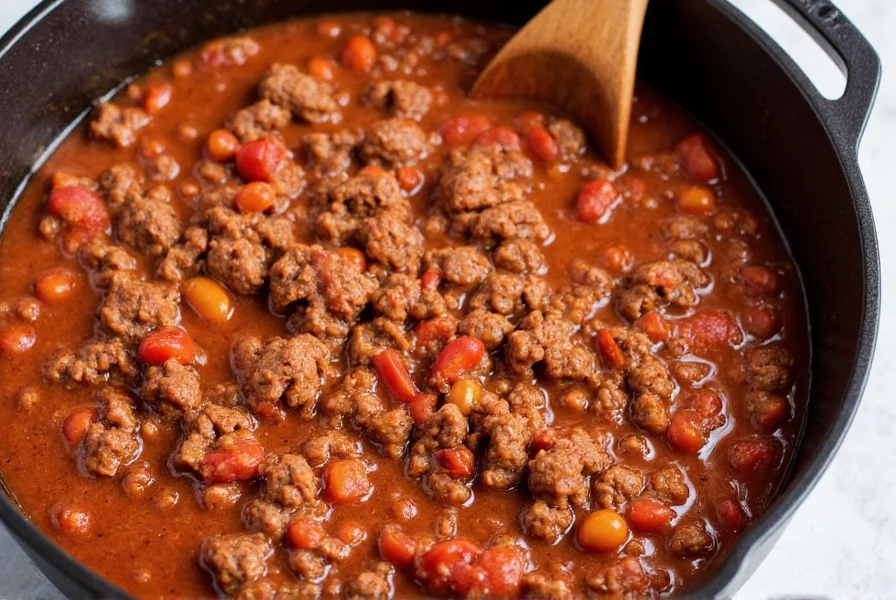keto diet chili recipe in a cast iron pot with ground beef, tomatoes, and spices