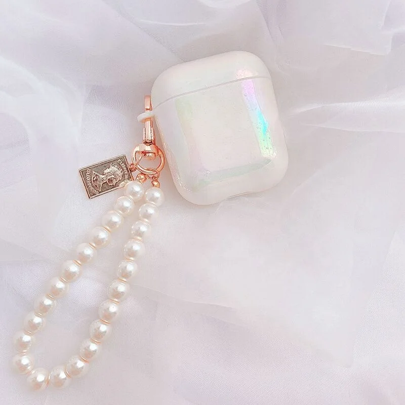 

New Arrivals Protective Portable Dustproof wireless tpu earphone case for AirPods Accessories with pearl chains, White/pink/white