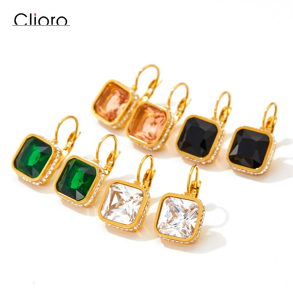 

Luxury Shining Women Jewelry 18k Gold Plated Green Cz Stainless Steel Geometric Earrings Square Emerald Hoop Earrings