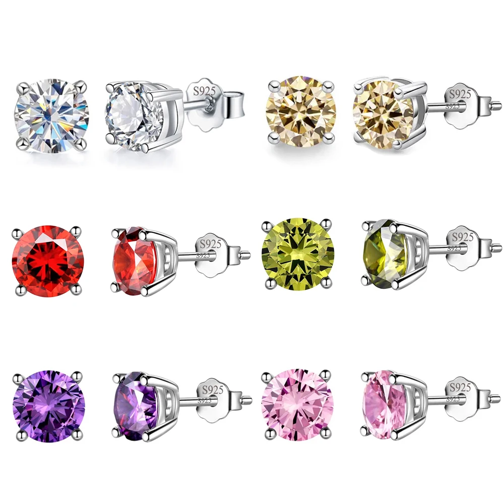Single Round CZ Stone White Red Champagne Olive Purple Red 6mm Cubic Zirconia S925 Sterling Silver Stud Earrings for Women