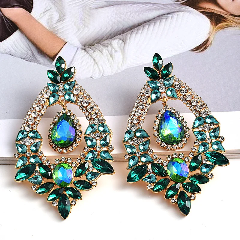 

Jachon European and American style earrings colorful diamond drop-shaped metal pendant large earrings, Same as the pic