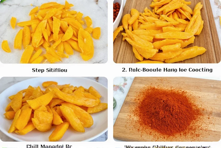 Step-by-step preparation of homemade dried chili mango showing mango slicing, drying process, and chili powder coating application