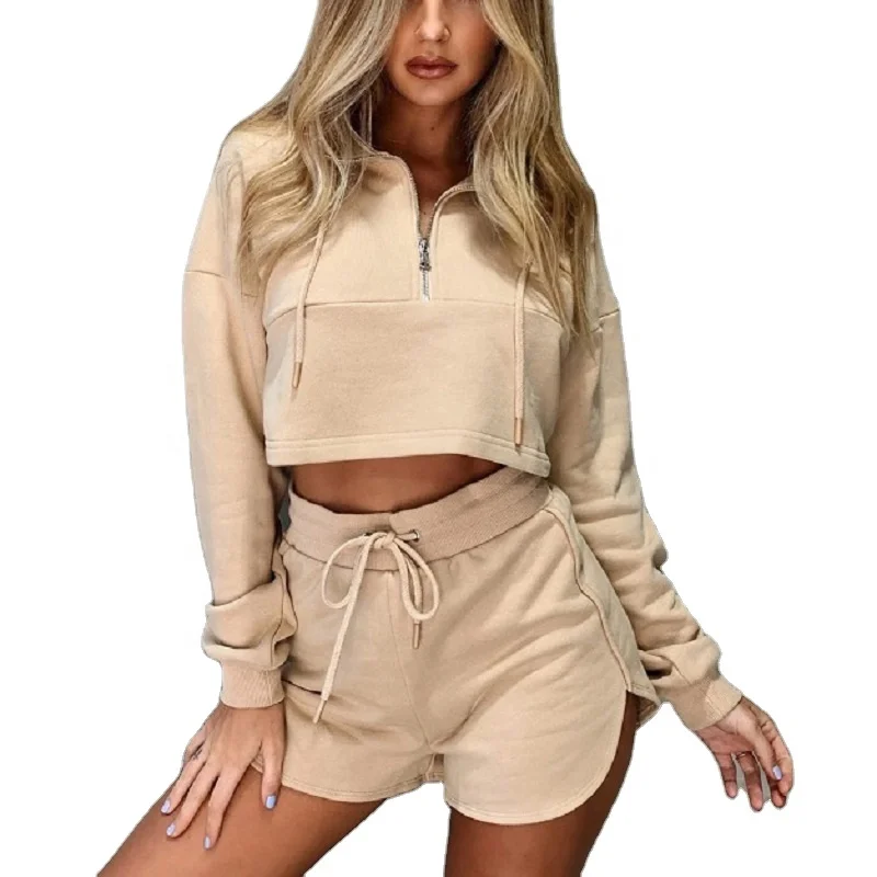 

Custom High Quality High waist Drawstring Shorts Zipper up Collar Cotton French Terry 2 piece Sweatshirt Shorts set for women, Customized colors