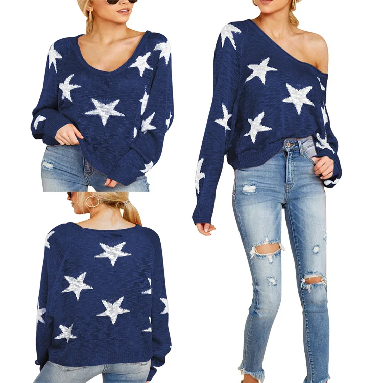 

Casual big round neck oversize women sweater one shoulder star intarsia perspective t-shirt full of stars pattern top clothes