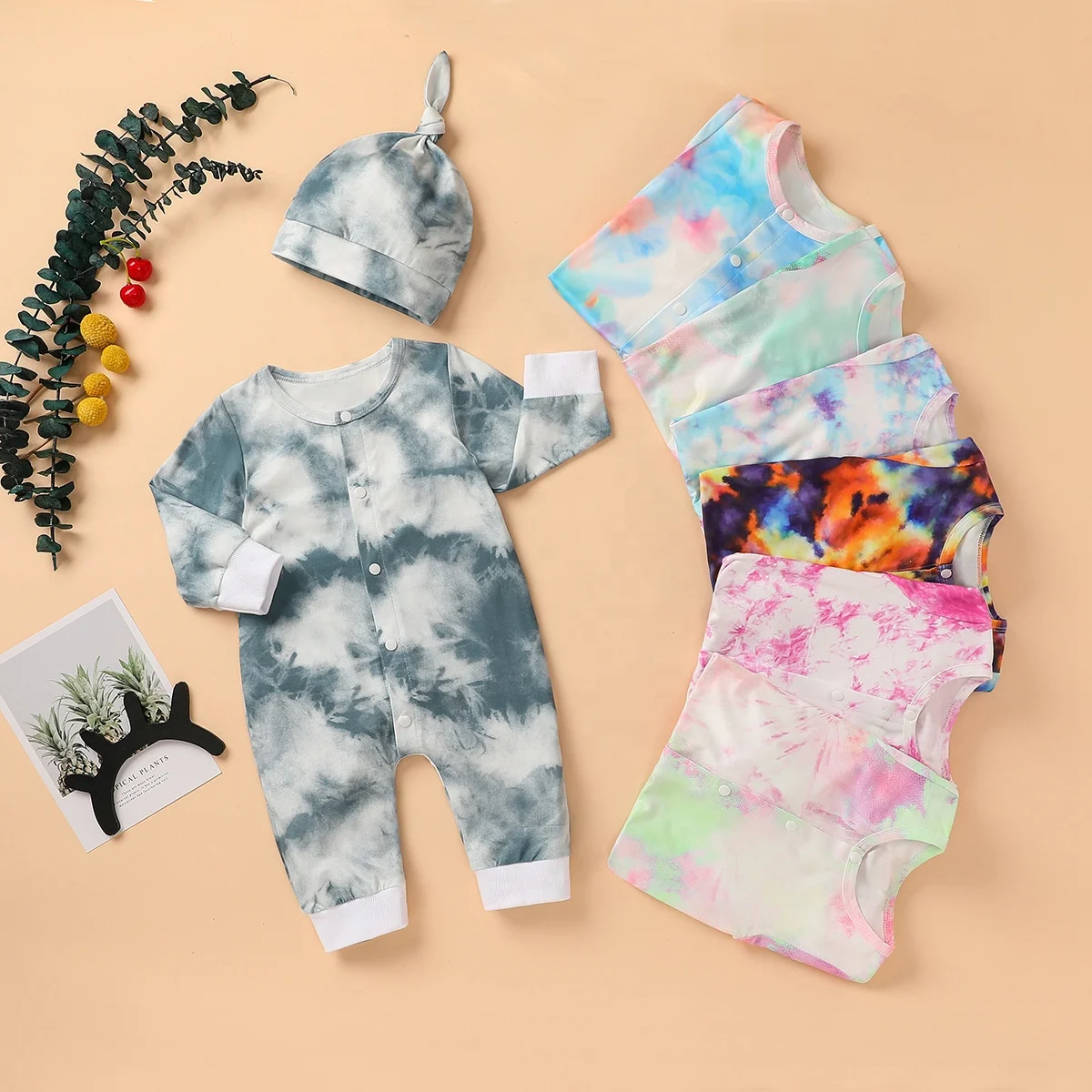 

Baby Boy Girls Autumn Newborn Kids Tie Dye Print Long Sleeve Button Rompers Hat Infant Sleepwear Outfit Jumpsuit Clothes, As picture