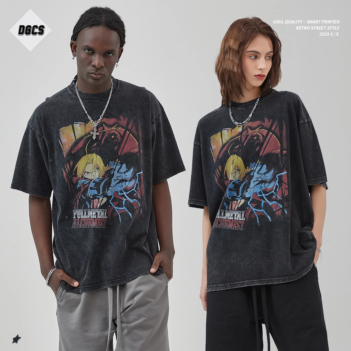 

Summer High Quality Streetwear Black FULLMETAL ALCHEMIST Short Sleeve Oversized Hip Hop Acid Wash Men's T-shirt