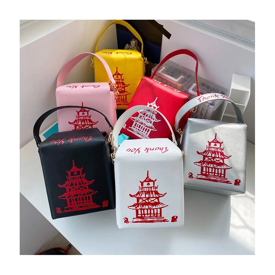 

Women New Bucket Handbag fashion creative Chinese style pu chains messenger bag red iron tower printing shoulder bag, Picture