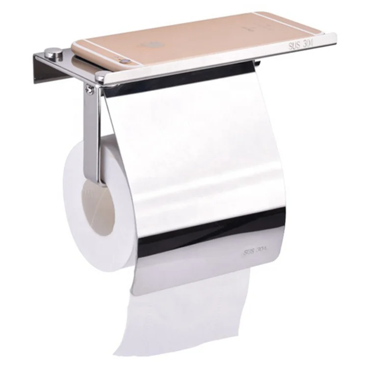 

304 Stainless Steel Toilet Tissue Holder with Mobile Phone Shelf Wall Mounted SUS304 Toilet Paper Holder with Storage