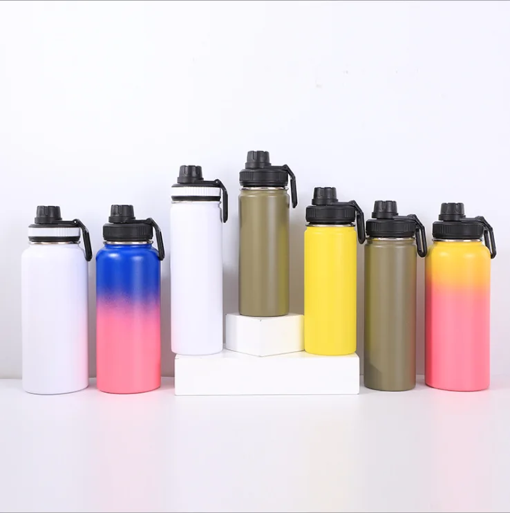 

Wholesale 18/32/40/64oz space water bottle gradient color solid color custom stainless steel sports outdoor kettle with rope, Based pantone color number