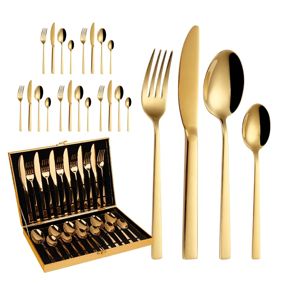

Knife Fork Spoon Set Tableware Gold Flatware Brilliant Custom Metal Stainless Steel Weeding 24pcs Cutlery Set With Wooden Box