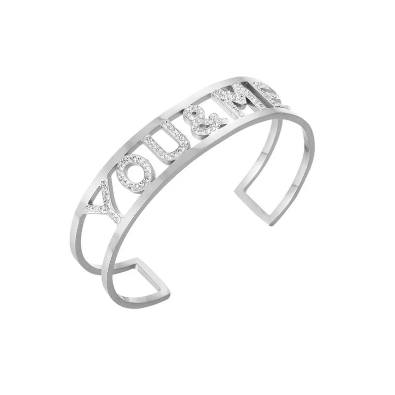 

Customized Letter Stainless Steel Silver Love YOU&Me Forever Letter Round Bracelet, As picture
