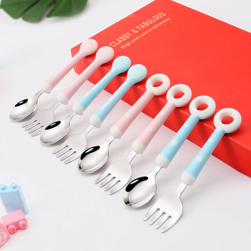 

Cute Plastic Handle Cutlery Set 304 Stainless Steal Baby Spoon Fork Set For Safety Feeding, Blue/pink