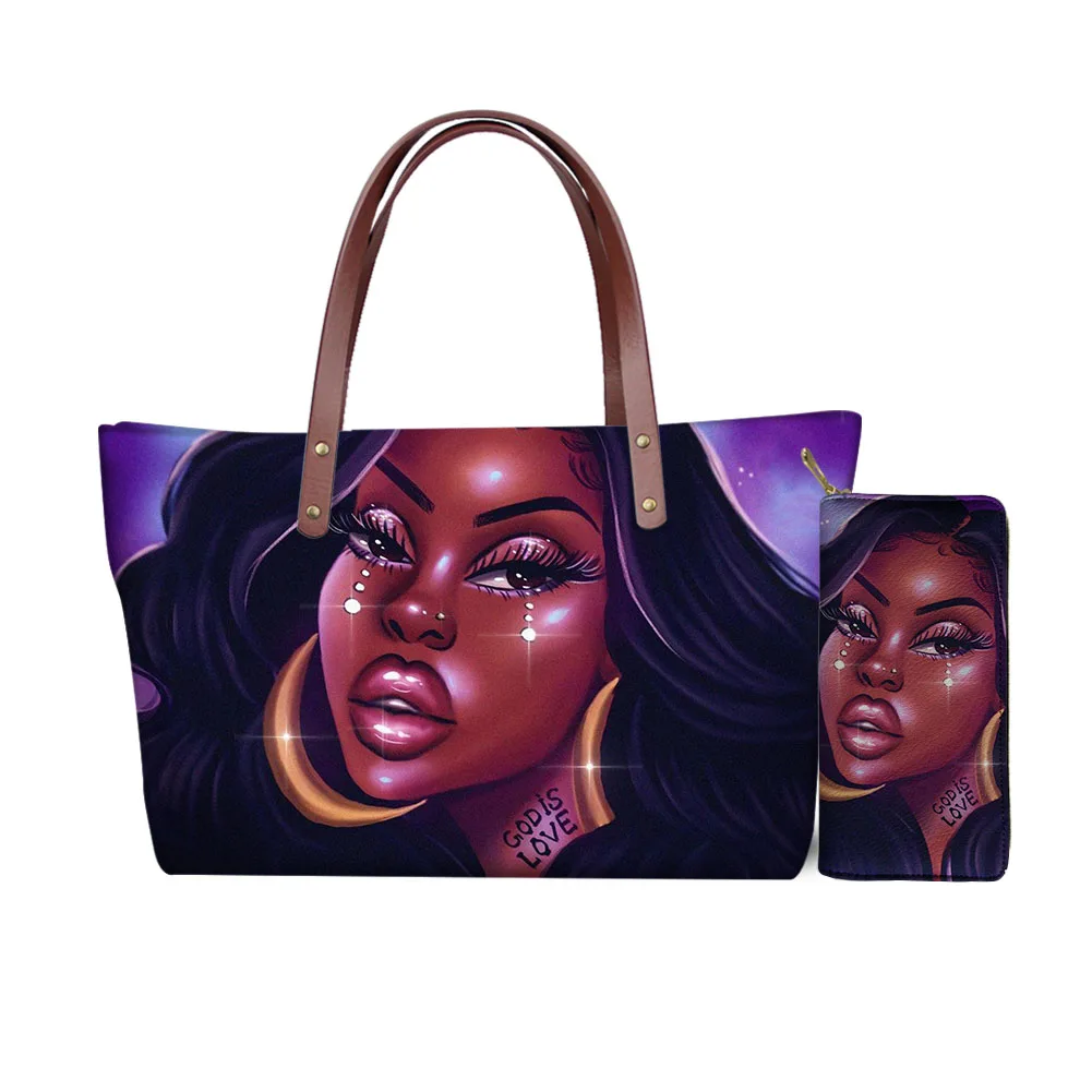 

Luxury Design Handbags Ladies designer Women Black Art African Girl Printing 2pcs/set Hand Bag&Wallet Females Bolsas Purse bag