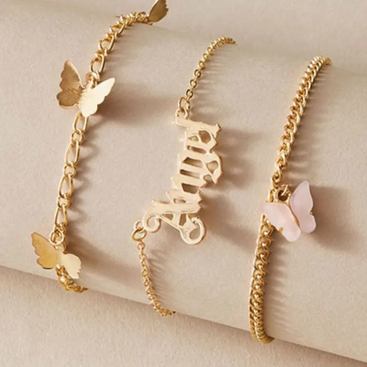 

Hot Sale Dainty Personality Charm Anklet Three Layer Butterfly Letter Chain Gold Plated Anklets Women