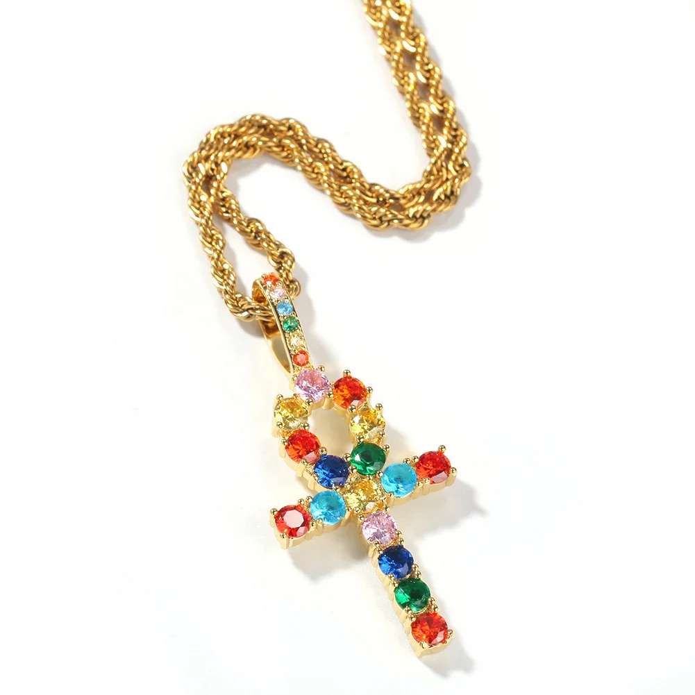 

Wholesale unisex hiphop ins gold plated diamond colorful rainbow cubic zircon egyptian ankh key cross necklace pendant jewelry