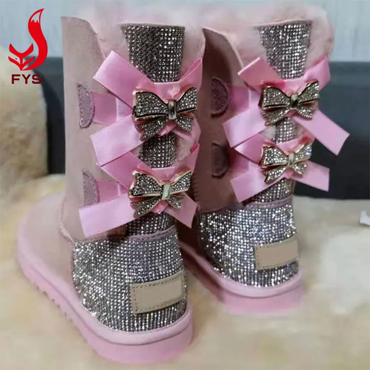 

Wholesale New Production Woman Fur Rhinestone Pink Snow Boots With Two Bows, Natural or dyed as your like