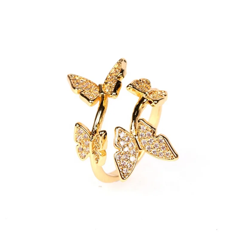 

Fashion Cute Animal Jewelry Opening 18k Gold Plated Brass Butterfly Clear Zirconia Adjustable Finger Ring For Women Gift