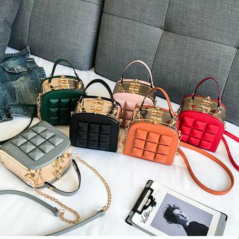 

2021 fashion luxury pu leather tote ladies mini crossbody purses women box hand bags handbags with chain, 8 colors