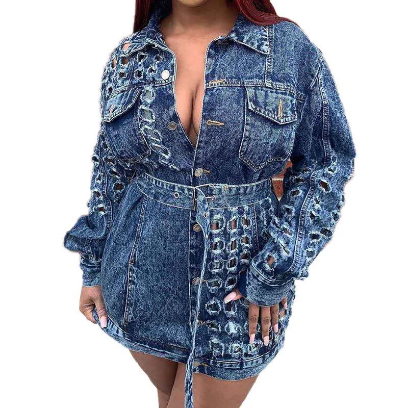 

Ladies Long Sleeve Belt Oversized Loose Coat Ripped Denim Dress For Women, As directed