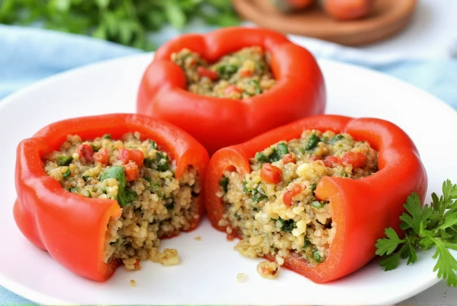 Three stuffed mini red peppers cut in half showing quinoa, cheese, and vegetable filling, garnished with fresh parsley on a white plate